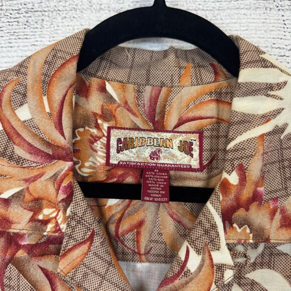 Caribbean Joe Men's Tan Orange Linen Blend Hawaiian Button Up Shirt Size Medium - Picture 5 of 8